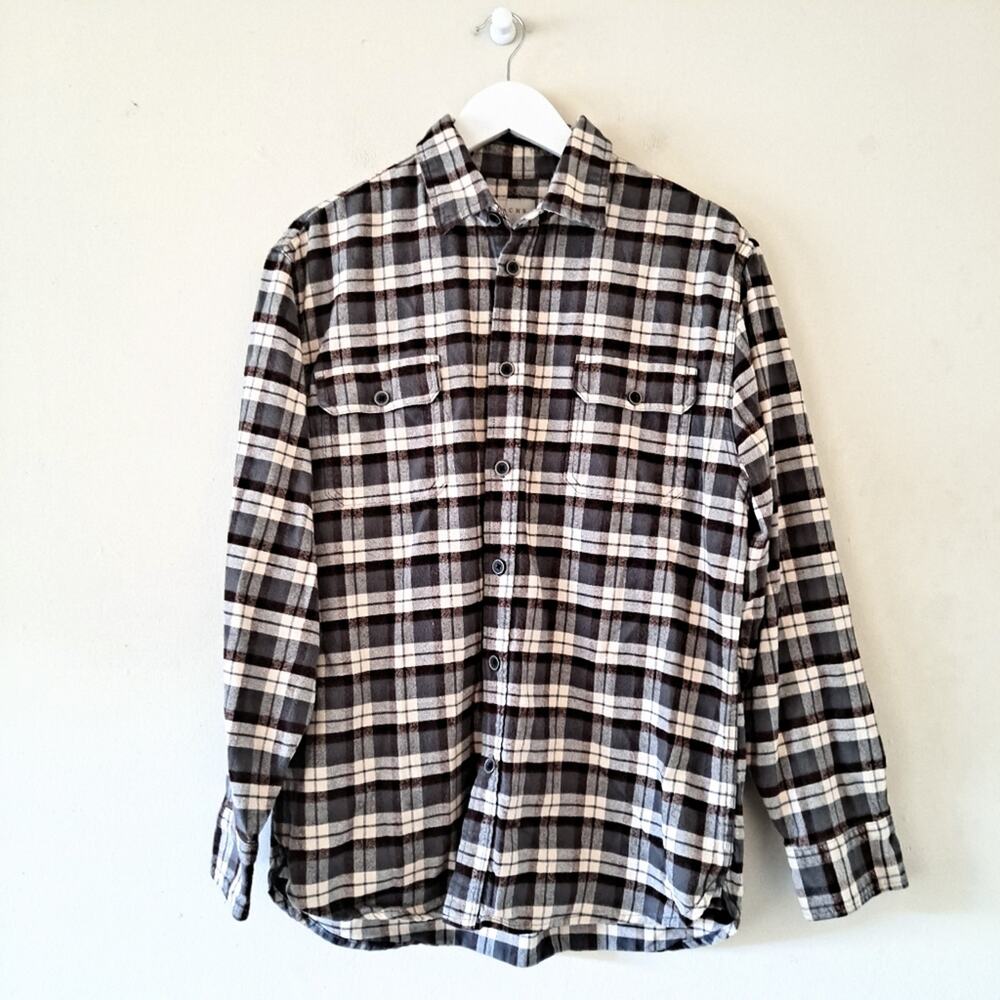 Jachs Plaid Flannel Shirt Button Down Long Sleeve Brown Cream Green - Size Large